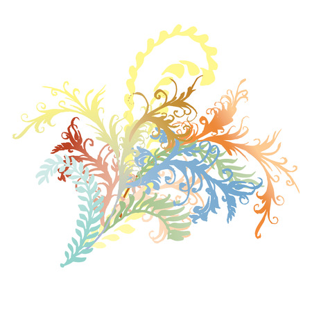Ornate curly flower vines and leaves illustration. Colorful flourishes, hand-drawn curly floral burst.のイラスト素材