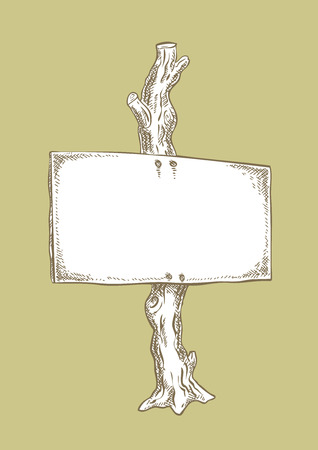 Ink drawing, signboard on tree. Drawing of a wooden sign or signpost nailed to a wooden post. Traditional look.のイラスト素材