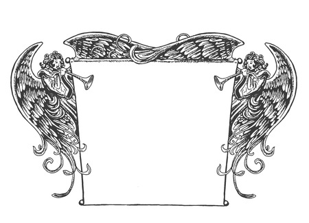 Angel Banner, Vintage Style. Old fashioned drawing of angels holding up a banner while blowing on trumpets. Style is reminiscent of woodcut or engraved period art.のイラスト素材
