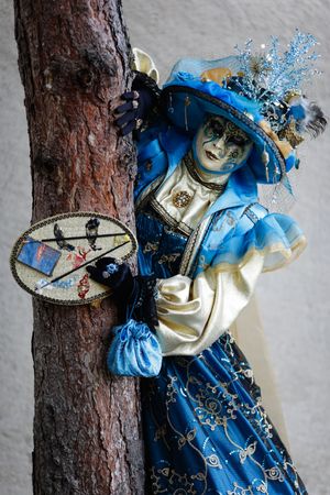 Woman carnival mask dressed in blue and yellow against a tree (Annecy/France)の写真素材