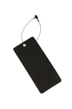 Black price tag with plastic thread isolated on a white backgroundの写真素材