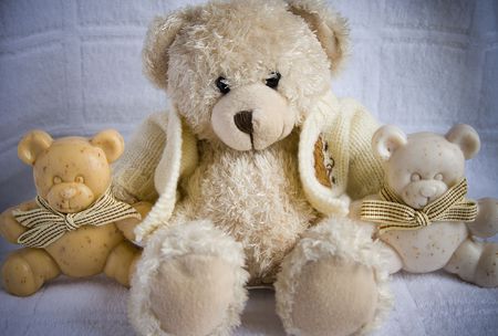 Soft toy the bear  and soap bears white background の写真素材