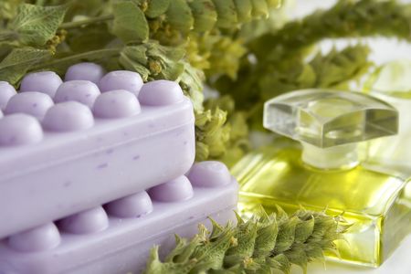 Composition with soap, massage oil and aromat herbの写真素材