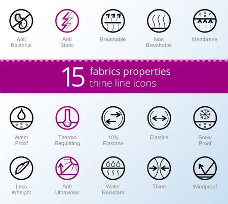 Waterproof, Sun protection? wind protection, elastane, Antibacterial, Breathable, Antistatic, Membrane, Thermoregulating, Waterproof, Solar protection, Antibacterial, Snowproof, Whater resistant, Windproofのイラスト素材