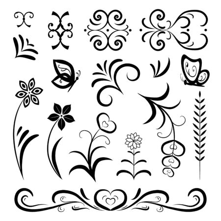 Vintage set of linear black elements on a white background. Flowers, leaves, curls, hearts for decorating romantic cards, invitations, books. Elegant symbols for your design. Flat vector illustrationのイラスト素材