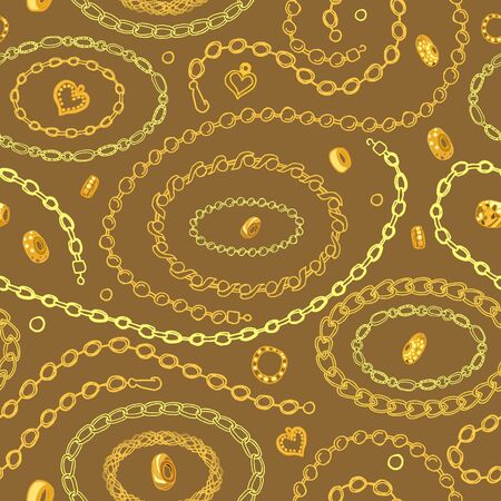 Seamless pattern with jewelry on a beige background. Endless texture with chains, beads, bracelets. Print with jewels. Drawn by hand. Vector illustration for fashionable design.のイラスト素材