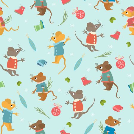 Seamless pattern with cartoon mice and Christmas toys. Symbols of the new year - tree, Xmas balls, mouse, acorns. Happy winter holiday - childrens wallpaper, wrapping paper, and other designのイラスト素材