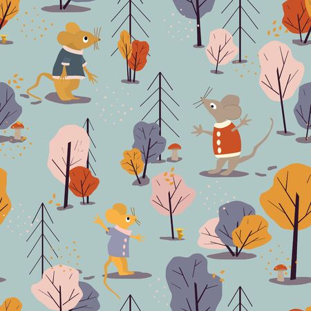 Cute illustration for children - mice in the forest. Seamless pattern with mouse, yellow trees, spruces, mushrooms. Scandinavian autumn background. Fabric, textile, wallpaper. Autumn creative textureのイラスト素材