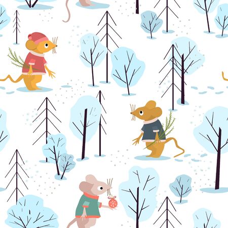 Vector illustration - mice in the forest. Seamless pattern for celebrating Christmas and New Year. Mouse in clothes walk in snow in the forest. Xmas background for your design.のイラスト素材