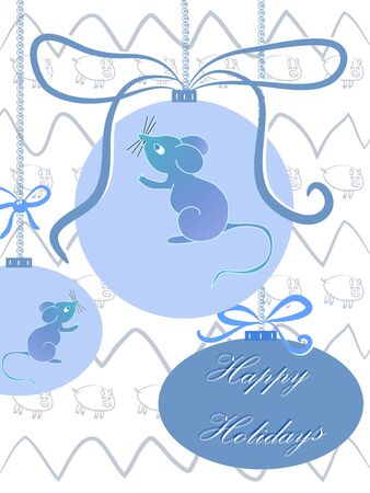 Happy New Year Greeting Card. Big blue christmas balls and mice inside. Text - Happy Holidays. Vintage vector illustration for Xmas and New Year.のイラスト素材