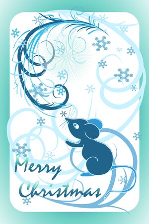 Magic card for the New Year holiday. Wonderful blue mouse, snow and frosty drawing on the windows. Text Merry Christmas. Vector illustration for children and adults. Beautiful symbol of the new 2020のイラスト素材