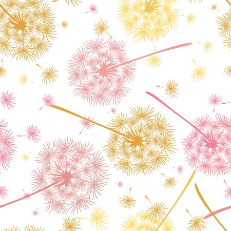 Seamless pattern of flying dandelions in pink and yellow colors. Endless floral texture of delicate flowers. Vector illustration of a dandelion.のイラスト素材