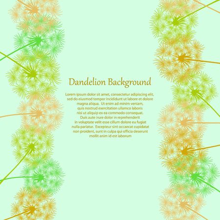 Delicate frame with yellow and green dandelions and a place for text. Beautiful border with flying flowers. Vector dandelions for creative design. Template floral greeting card. Spring background.のイラスト素材