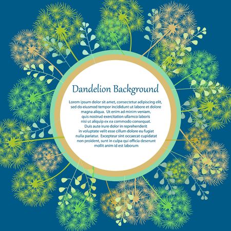 Round frame made of dandelions and herbs with space for your text. Yellow and green flowers with grass on a dark blue background. Vector macro illustration of a dandelion. Spring design templateのイラスト素材
