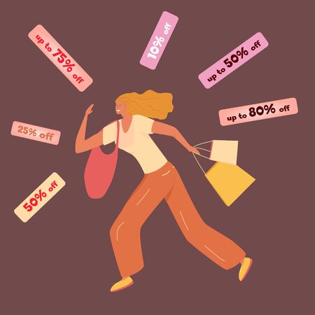 Cartoon vector character of a beautiful girl with bags. Shopaholic woman runs to the store. Sale banner template design. Poster for big sale, special offer. Silhouette of a shopping girl.のイラスト素材