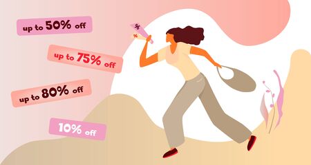 Woman with discount flyers in a hurry to shop. Vector flat illustration of female shopaholic character. Sale banner template design. Poster for big sale, special offer. Silhouette of a shopping girl.のイラスト素材