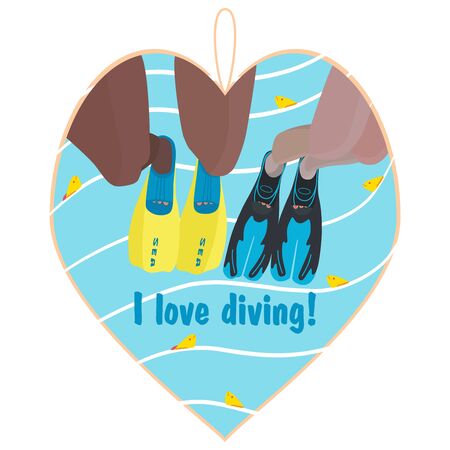 Souvenir heart on a marine theme. I love diving Male and female legs in flippers jump into the water. Yellow fish in the sea. Summer concept of recreation, tourism, diving training, sea vacation.のイラスト素材