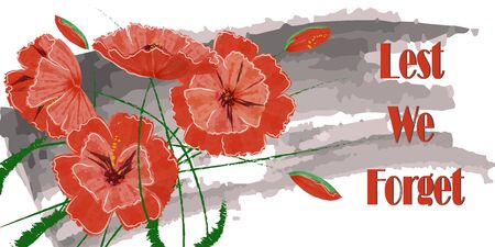 Greeting card with beautiful red poppies and text: Lest we forget. Banner for Memorial Day, Happy Veterans Day. Vector poppies are made in the style of watercolor drawingのイラスト素材