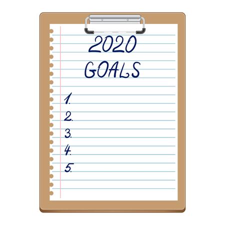 2020 New Year, Goals. Clipboard with white sheet. Text on paper in blue, written by hand. Lettering 2020 GOALS.のイラスト素材