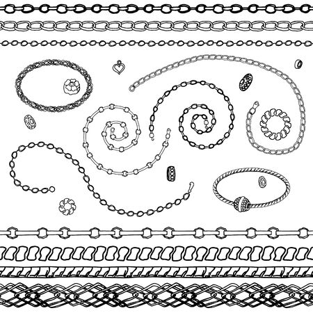 Set - womens fashion. Bracelets, beads, chains, pendants, ring, beads. Contour, black and white. Chains are endless seamless pattern brushes Vectorのイラスト素材