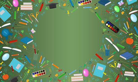 Back to School background with place for text. Collection of school supplies in a bright flat style. Educational concept. Illustration of a green school board with education symbols. Free spaceのイラスト素材