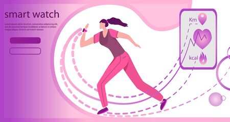Smart watch advertising concept template. Slender girl runs. She has a smartwatch on her wrist. Using modern technology to improve the quality of life. Vector background. Sport lifestyle imageのイラスト素材