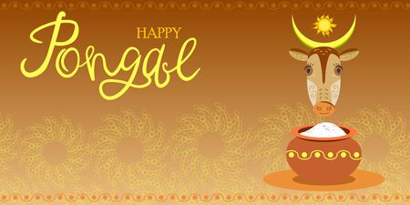Illustration for the Indian holiday Pongal. Poster to the harvest festival in India. Celebration of Makar Sankranti. Vector background with pot of pongal, cow, sun. Lettering Happy Pongal.のイラスト素材