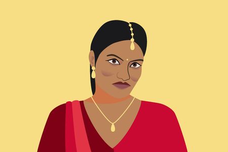 Portrait of a beautiful indian woman. A young Hindu girl in traditional clothes and with golden jewelry. Woman in red sari and tika, teak in her hair. Isolated silhouette on a yellow background.のイラスト素材