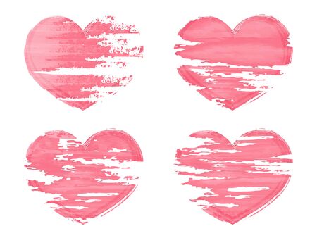 Set of four pink grunge hearts. Scratches, strokes of paint on the heart. Design elements for creating greeting cards, happy Valentines day, birthday, invitations, weddings. Symbol of love forever.のイラスト素材