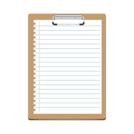 Beige clipboard with lined white sheet of notebook. White paper with lines - template for notes, checklist, questionnaire, reminders. Realistic clipboard design with metal clip and paper. Vectorのイラスト素材