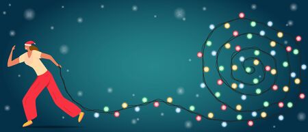 The girl in the hat of Santa Claus drags a huge garland. Banner template of merry christmas, new...