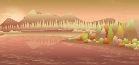 Fairytale autumn landscape with mountain, colorful forest, silhouettes of fir trees and pond. Outdoor background. Vector illustration. Banner with mountain range, lake, deserted nature. Panoramaのイラスト素材