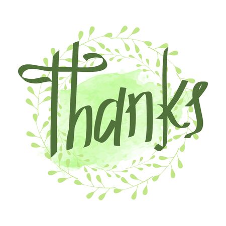 Gratitude on the background of a green wreath. Lettering Thanks. A leaf border. Frame of twigs and leaves with the inscription Thank you. Vector illustrationのイラスト素材