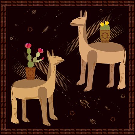 A set of two unusual lamas. Cute animals with cacti on the back. Ethnic fresco, frame in dark brown color with ornament. Vector llama character.のイラスト素材