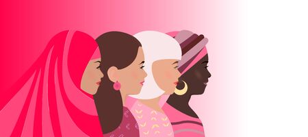 International Womens Day. Template postcard, poster, flyer. Female characters of different nationalities, cultures together. Concept of feminism, friendship. Womens Day card. Pink backgroundのイラスト素材