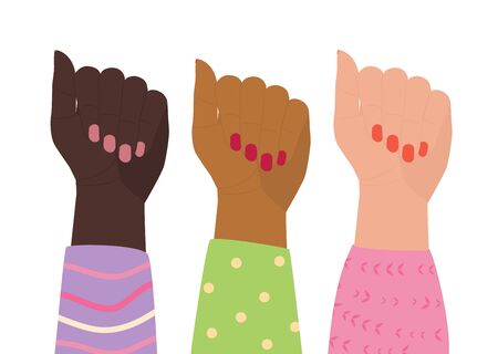 Three female hands in colorful blouses are raised up. Women of different nationalities together. Concept of feminism, symbol of womens rights. Girl power. Happy womens day banner. Comic illustrationのイラスト素材