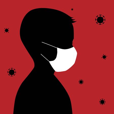 Medical warning poster. Threat of infection. Black silhouette of a boy in a white medical mask. Bacteria, viruses, coronavirus around. Vector illustration.のイラスト素材