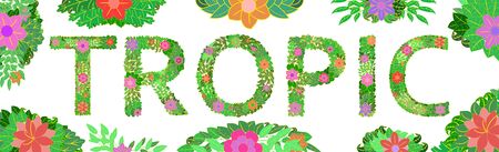 Summer tropical design for banner or flyer with bright flowers and inscription TROPIC. Tropical plant invitation card. Template tropical design on a white background. Vector illustrationのイラスト素材