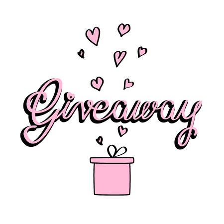 Giveaway template. Poster, banner, ad for festive online prize contest, competition. Pink box with hearts and lettering Giveaway. Vector illustration for promotion in social networks. Holiday shareのイラスト素材