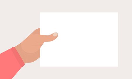 Hand in red shirt holds a rectangular blank sheet of paper. Hand holding template of letter, ticket, invitation, flyer, postcard, certificate, list. Vector flat cartoon illustration.のイラスト素材