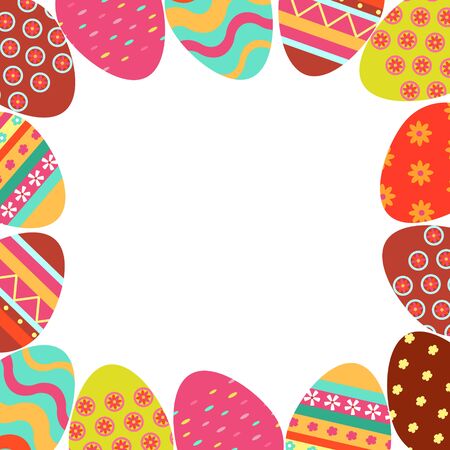 Frame, border with colored easter eggs. Square template for easter greeting card, invitation, advertisement. Flat vector illustration. Elements under clipping mask, it is possible to edit.のイラスト素材
