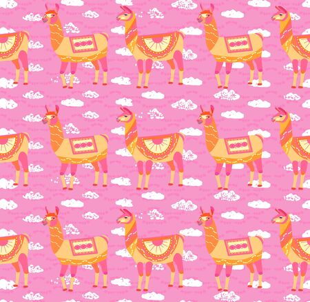 Seamless pattern with cartoon llamas. Pink childrens background. Cute animals on background of white clouds. Vector illustration.のイラスト素材