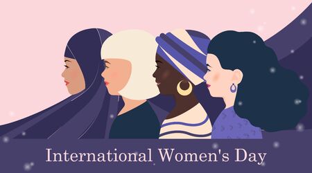 International Womens Day. Women of different nationalities, cultures, skin colors together. Female tenderness and strength concept. Trendy postcard, flyer, poster, banner. Womens vector illustrationのイラスト素材
