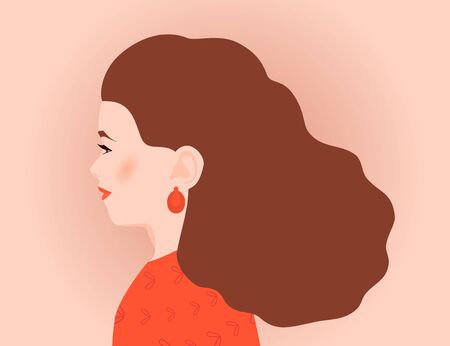 Portrait of beautiful girl sideways. Young woman with long brown hair, white skin. Avatar for social networks. Greeting card International Women's Day. Profile, silhouette, romantic female image.のイラスト素材