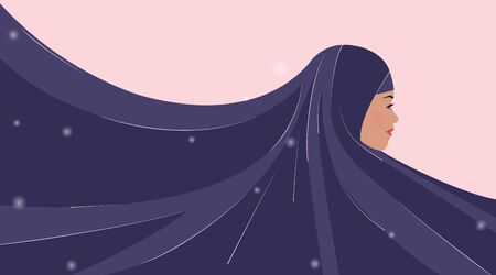 Beautiful young arabic woman in hijab. Purple clothes create a background for your text. Template for postcards, advertising, flyer, banner, poster. Women's Day, World Hijab Day. Vector illustration.のイラスト素材