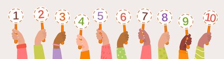 Human hands of different skin colors hold referee cards. Hands of the jury raised up. Voting, assessment of the jury for the competition. Score cards with numbers. Vector flat cartoon illustration.のイラスト素材