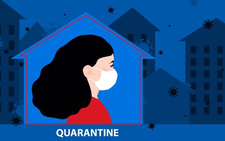 Quarantine. Warning Poster. Stay at home. The masked girl is at home. The infected city around. Microbes, bacteria fly in the air. Coronavirus epidemic. Precautionary measures, self-isolation. Vectorのイラスト素材