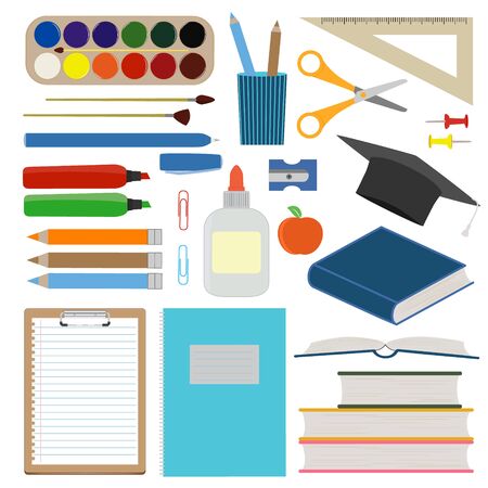 Large set of school supplies. Back to school vector flat illustration. Collection of stationery for card, poster, teacher's day, knowledge, graduation. Cartoon icons of school tools. Isolated elementsのイラスト素材