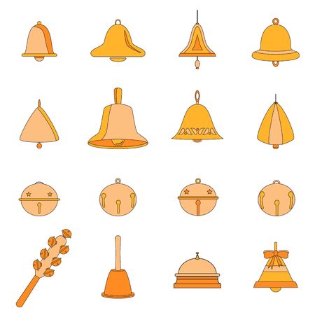 Set of different vector bells. Christmas bells, doorbell, table bell, hand bell, hanging ringing round bell, shaker, jingle bells. Flat cartoon icons. Collection of items isolated on white backgroundのイラスト素材
