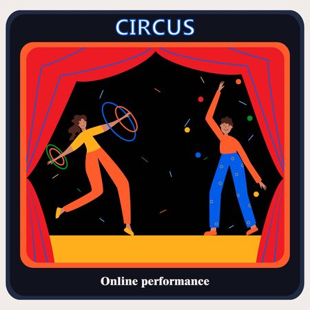 Circus. Online performance on a computer screen. A Frame with a red circus curtain. Vector cartoon character. Poster, invitation, online broadcasting.のイラスト素材
